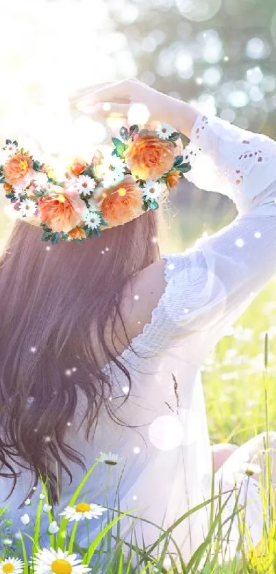 Woman in flower meadow with sunshine, enjoying springtime tranquility.