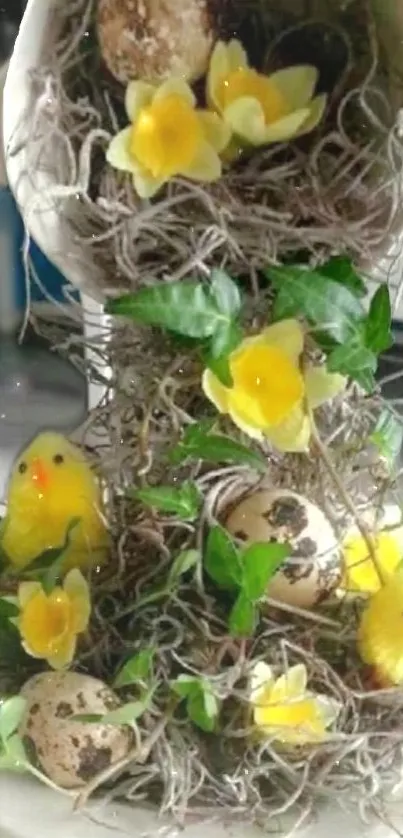 Spring nest with flowers, chicks, and eggs.