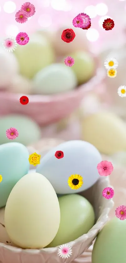 Mobile wallpaper with pastel eggs and flowers, perfect for spring decor.