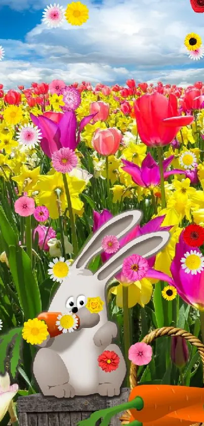 Cartoon rabbit in vibrant tulip field blossoming under a bright blue sky.