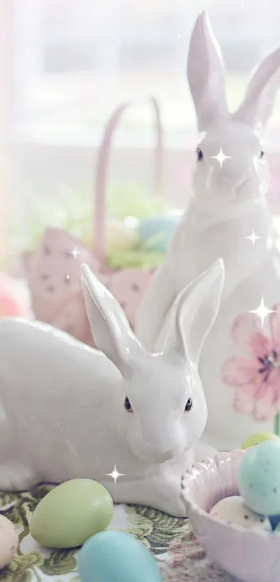 White ceramic bunnies with pastel eggs and flowers in spring setting.