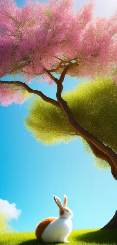 Peaceful bunny under pink blooming tree with bright blue sky.