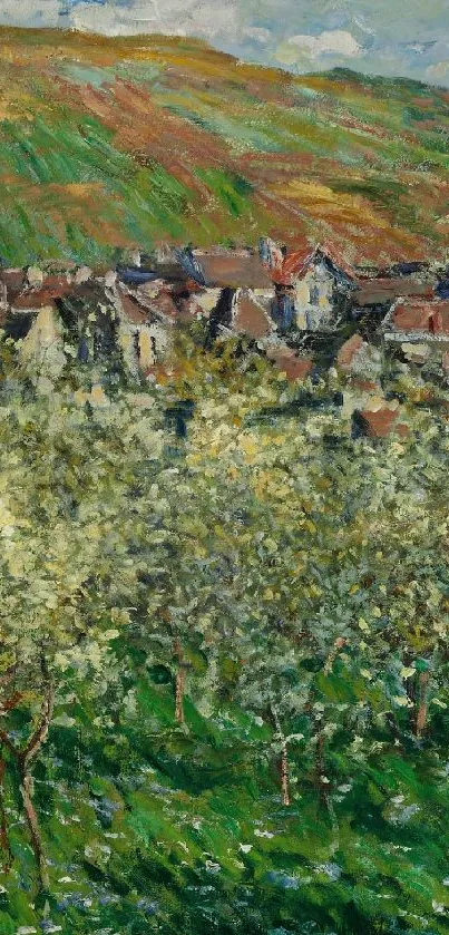 Impressionist spring landscape with a village set against green hills.