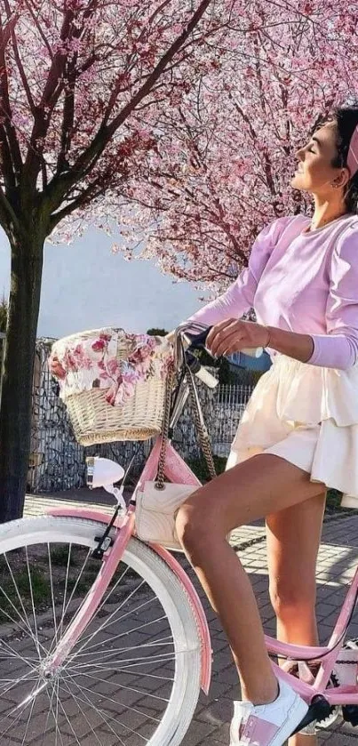 Woman on a pink bicycle under cherry blossoms.