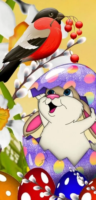 Colorful wallpaper with a bunny, bird, and spring elements.