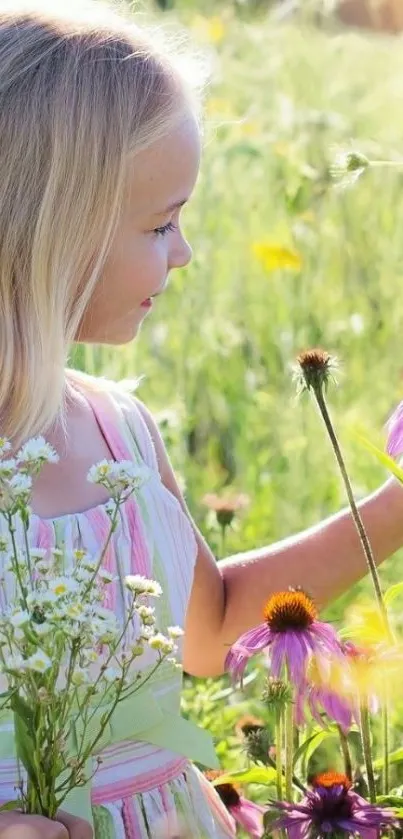 Child in flower-filled meadow during spring.