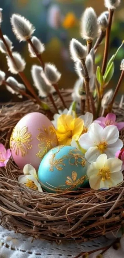 Decorative nest with Easter eggs and flowers.