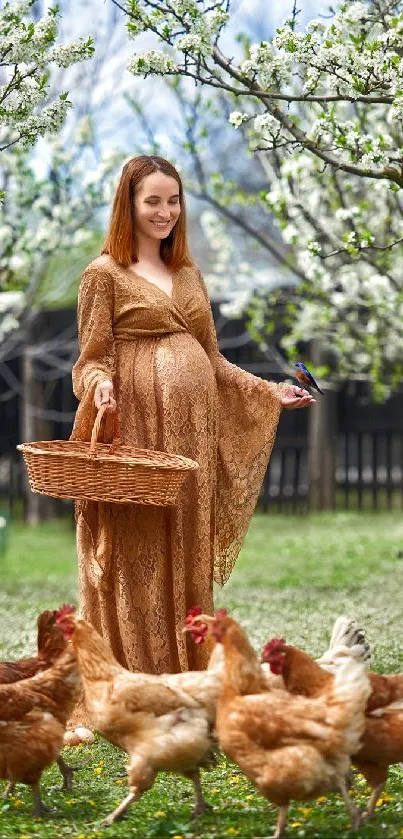 Woman in a spring garden with chickens and blossoming trees.