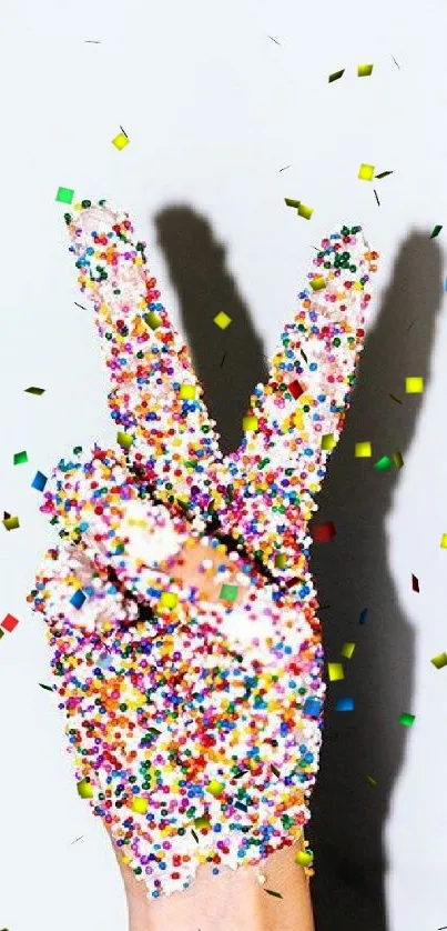 Colorful hand with sprinkles showing peace sign.