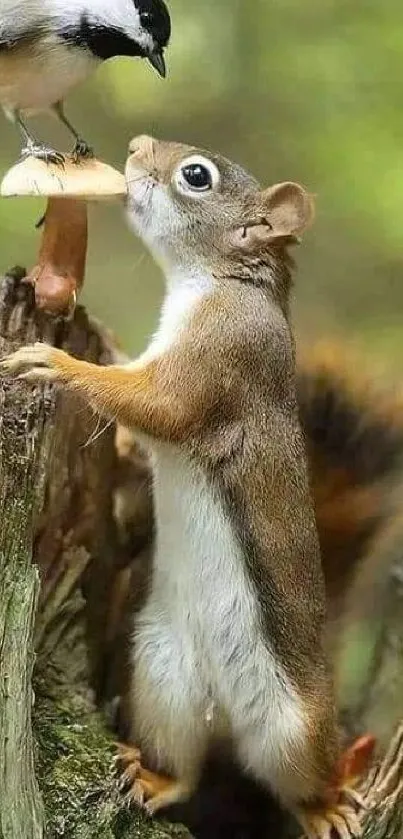 Squirrel and bird on a mushroom in a lush, green forest setting.