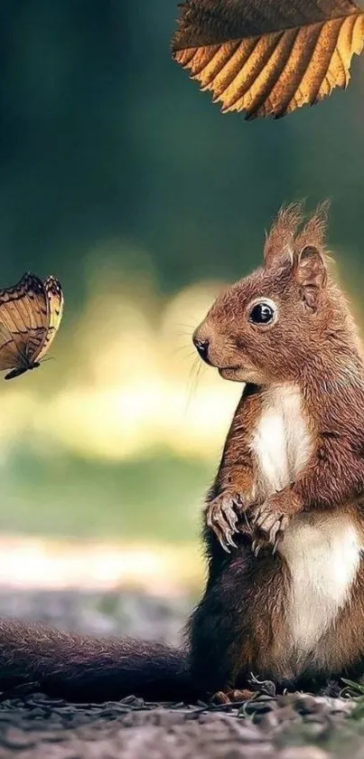 Squirrel gazing at a butterfly in a green forest setting.