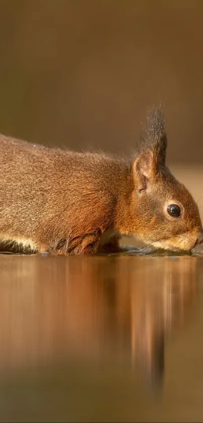 A squirrel drinking from a calm water surface in the forest.