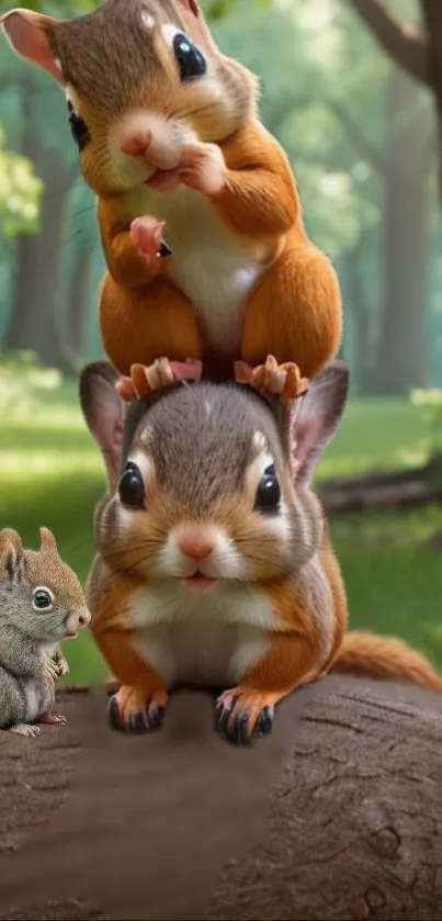 Adorable squirrels sitting in a lush, green forest setting.