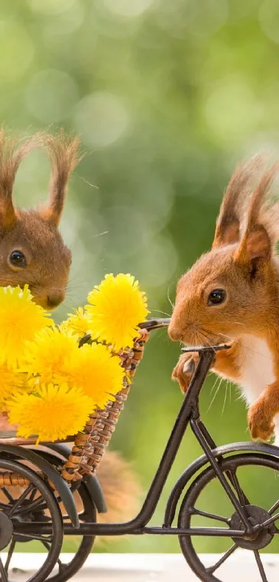 Two squirrels with dandelions and a little bike on a green background phone wallpaper.