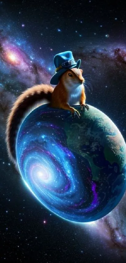 Squirrel wears blue hat on swirling Earth in space wallpaper.