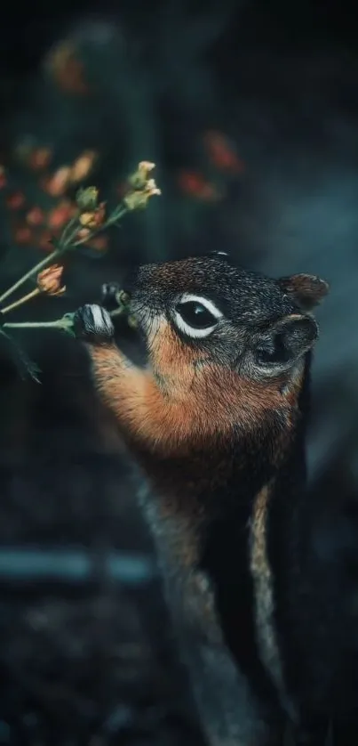 A squirrel reaching for a flower in an enchanting dark forest.