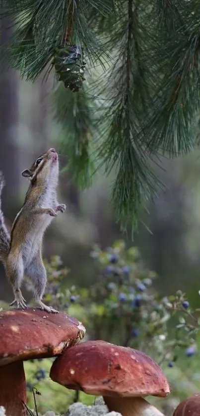 Squirrel standing on mushrooms in a lush green forest.