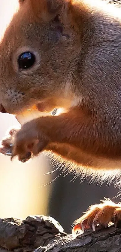 Adorable squirrel in golden sunlight, perfect for nature-themed wallpapers.