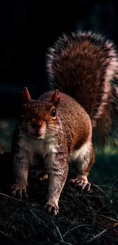 Squirrel standing on forest floor, rich earthy tones.