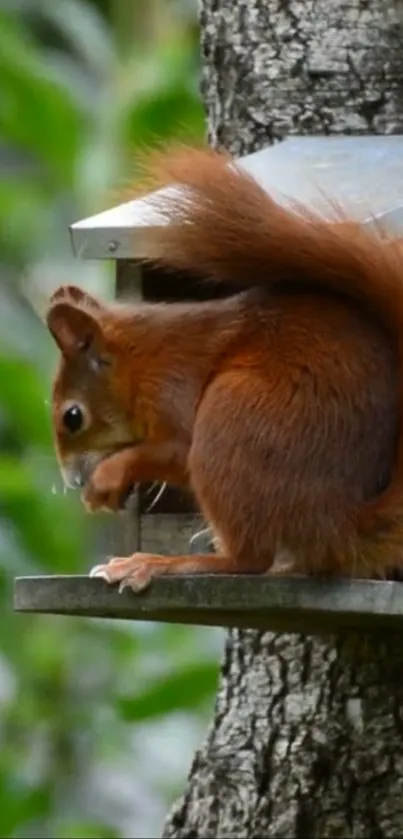 Squirrel perched on a tree in nature setting.