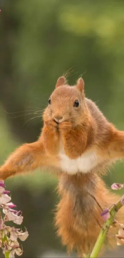 Squirrel leaping between flowers with a green backdrop.