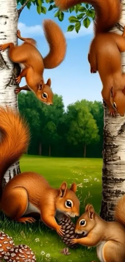 Four playful squirrels in a forest setting with tall trees.