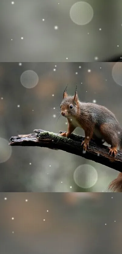 Cute squirrel on branch with bokeh background effect.