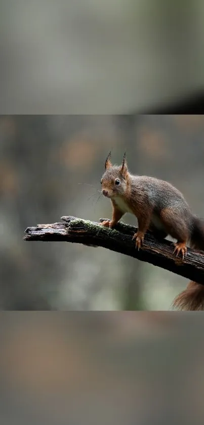 Squirrel perched on a branch in the forest, creating a serene mobile wallpaper.