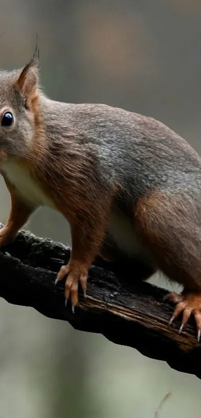 Beautiful squirrel perched on a branch set against a muted background.