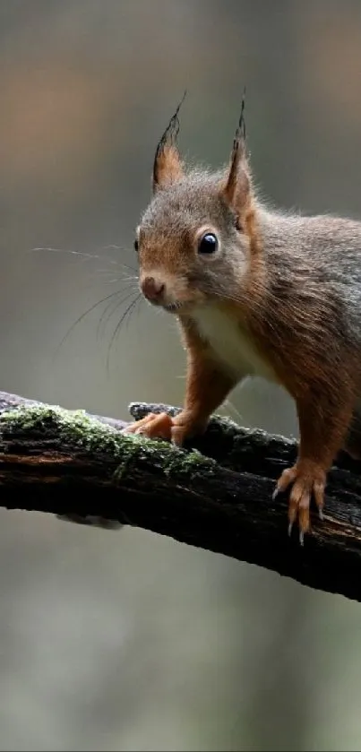 Squirrel perched on a branch against a blurred forest background in a mobile wallpaper.