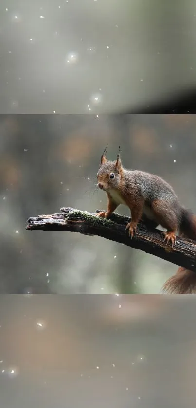 Squirrel perched on a branch in a forest, serene mobile wallpaper.