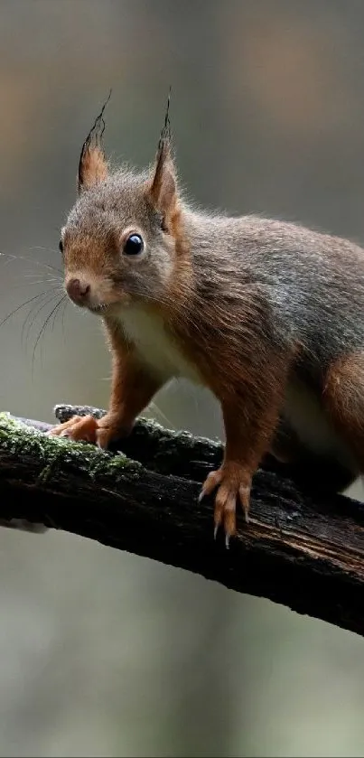 Squirrel perched on a tree branch with a blurred forest background.