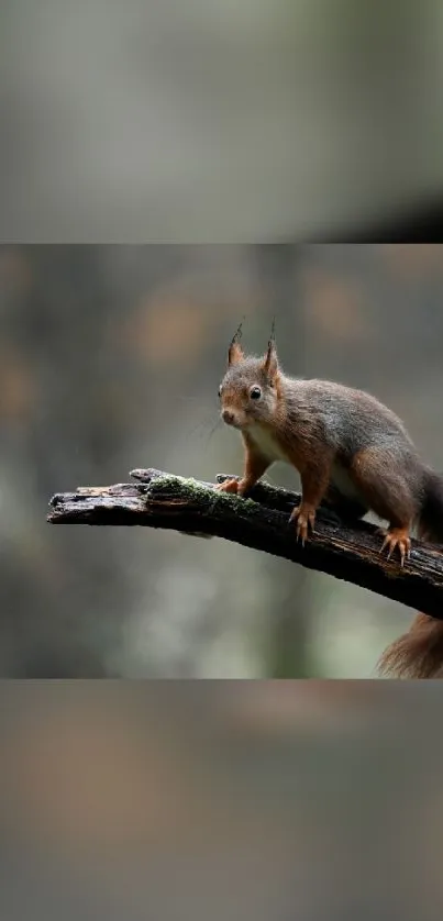 Squirrel perched on a tree branch in a blurred forest setting.