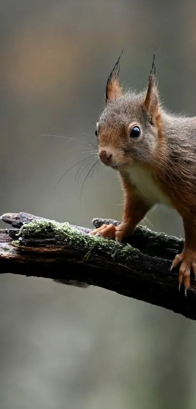 Squirrel perched on a tree branch in a forest setting.