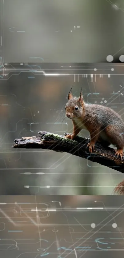 Squirrel perched on branch with digital art overlay.