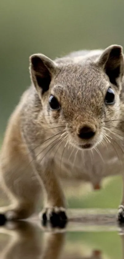 Curious squirrel on a reflective surface wallpaper.