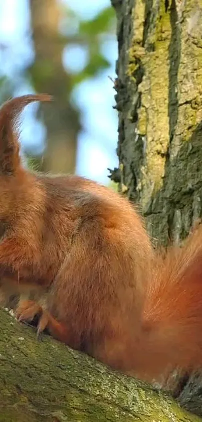 Squirrel perched on tree trunk in forest.