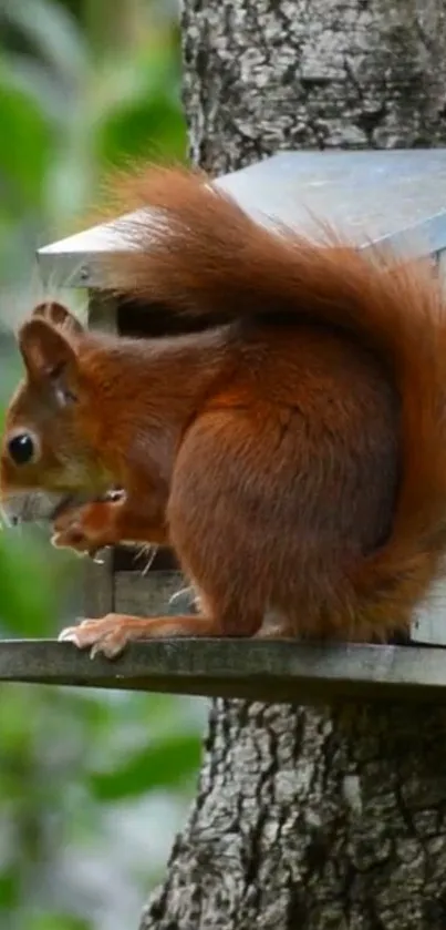 Squirrel perched on a tree eating a nut.