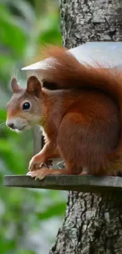 Cute red squirrel perched on a tree trunk.