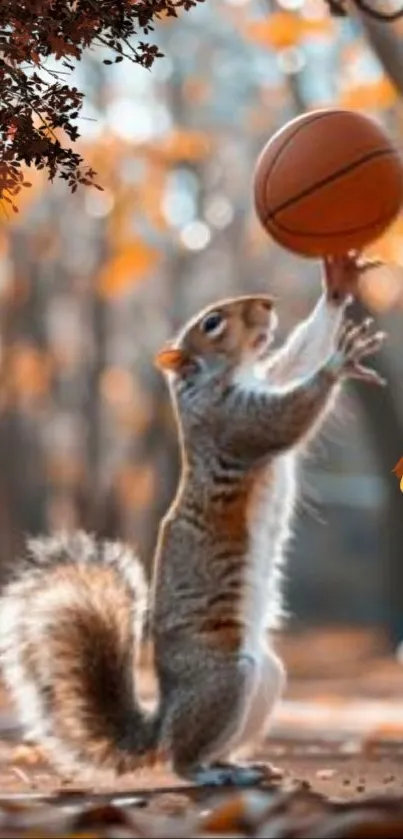 Squirrel playing basketball in autumn setting.