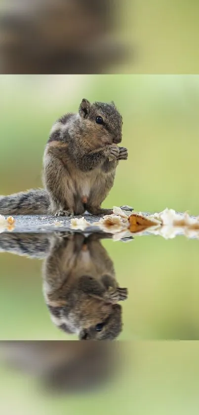 Squirrel reflected on water with a green blurred background.