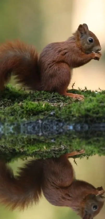 Reflection of a squirrel on a mossy surface in a serene forest setting.