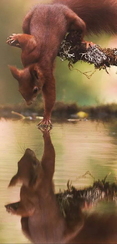 Squirrel touching water with reflection.