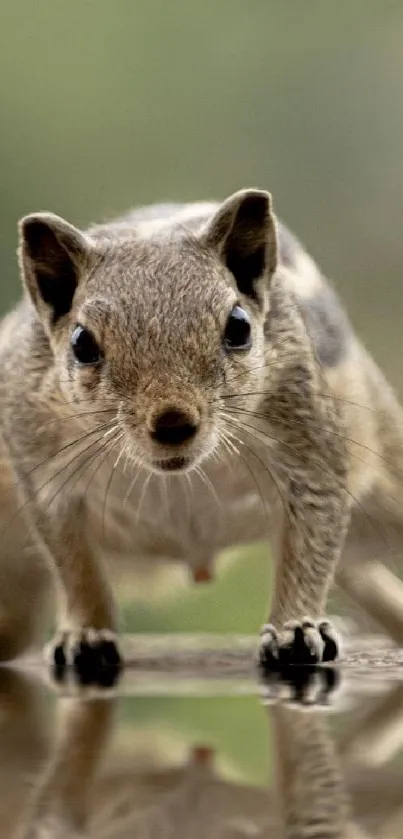 Close-up of a squirrel with reflection in natural setting.