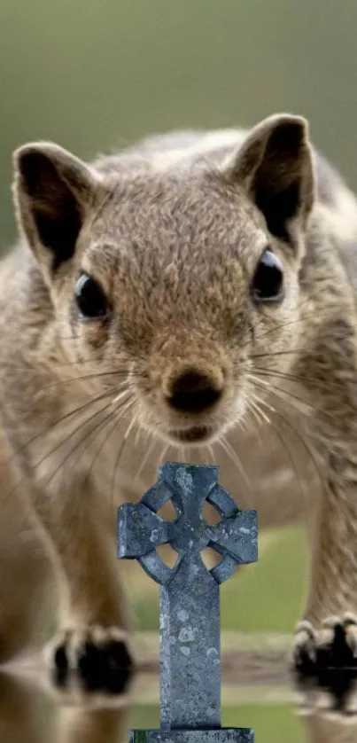 Squirrel with Celtic cross on a blurred natural background.