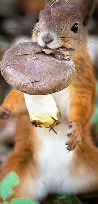 Squirrel grabbing a large mushroom in the forest.