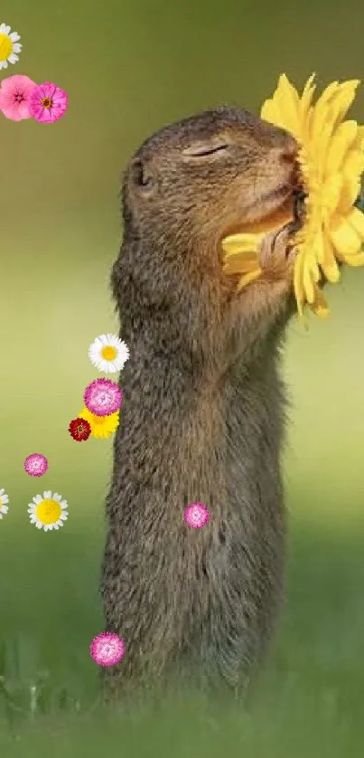 Adorable squirrel sniffing a yellow sunflower in a green field.