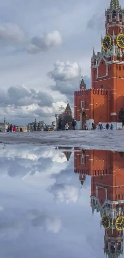 Reflection of St. Basil's Cathedral in a cloudy sky.