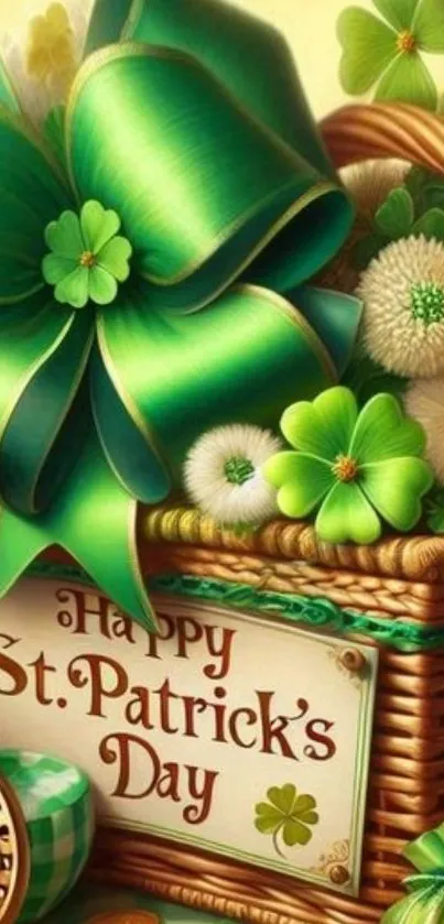 St. Patrick's Day basket with green ribbon and clovers.