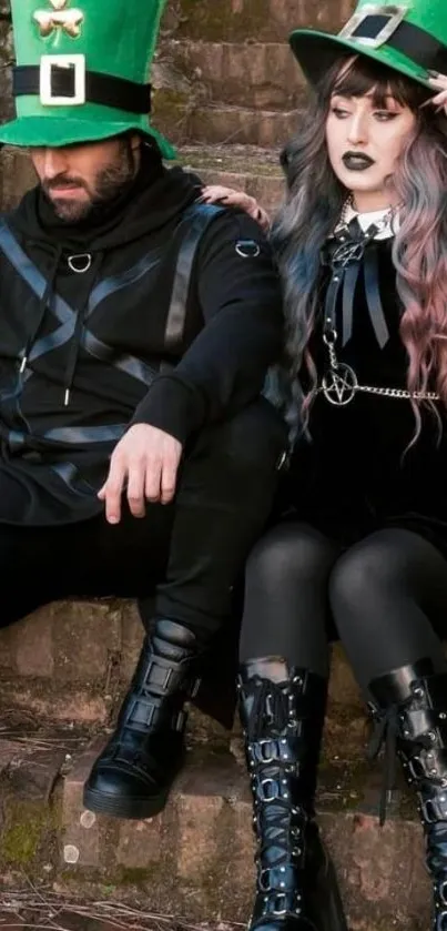 Gothic couple with green hats, St. Patrick's Day.